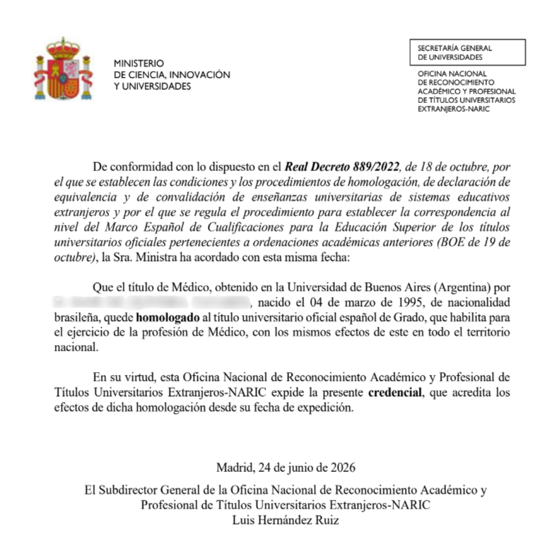 Credencial de homologación de título de Médico emitida por el Ministerio de Ciencia, Innovación y Universidades de España